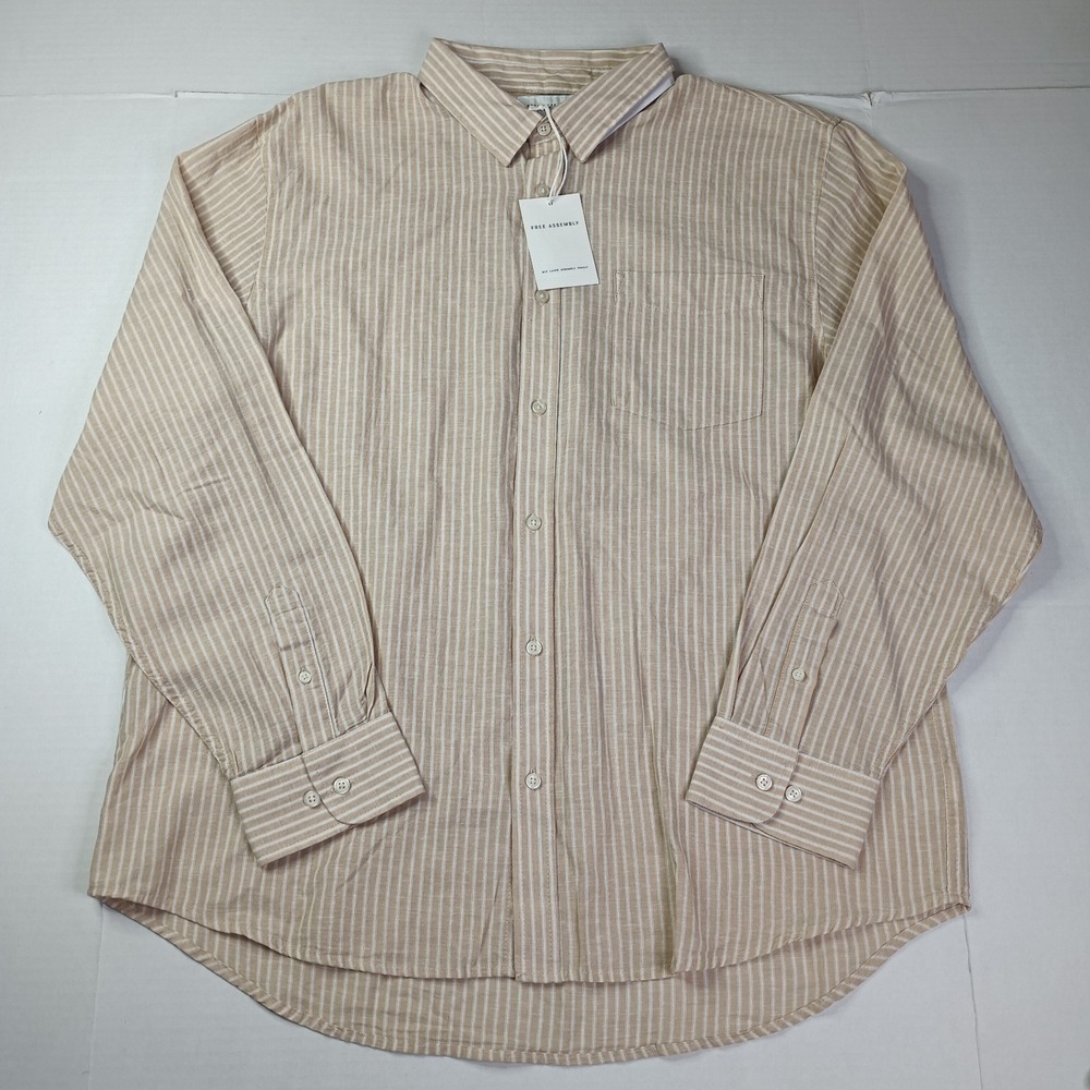 NWT Free Assembly Men's Long Sleeve Linen Blend Shirt Size XL XLarge Tan Striped